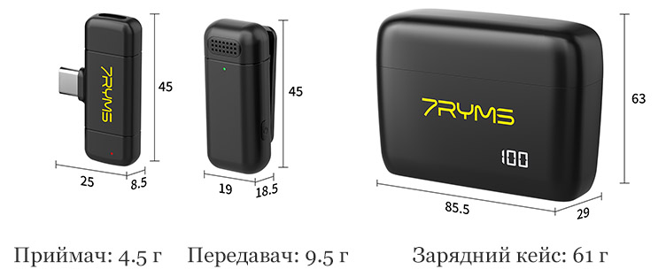Розміри бездротової мікрофонної радіосистеми 7ryms Rimo S1 UC