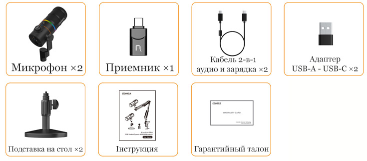 Комплектация студийного динамического беспроводного микрофона Comica EJoy D10 Pro D Combo