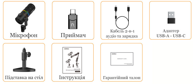 Комплектація студійного динамічного бездротового мікрофона Comica EJoy D10 Pro D